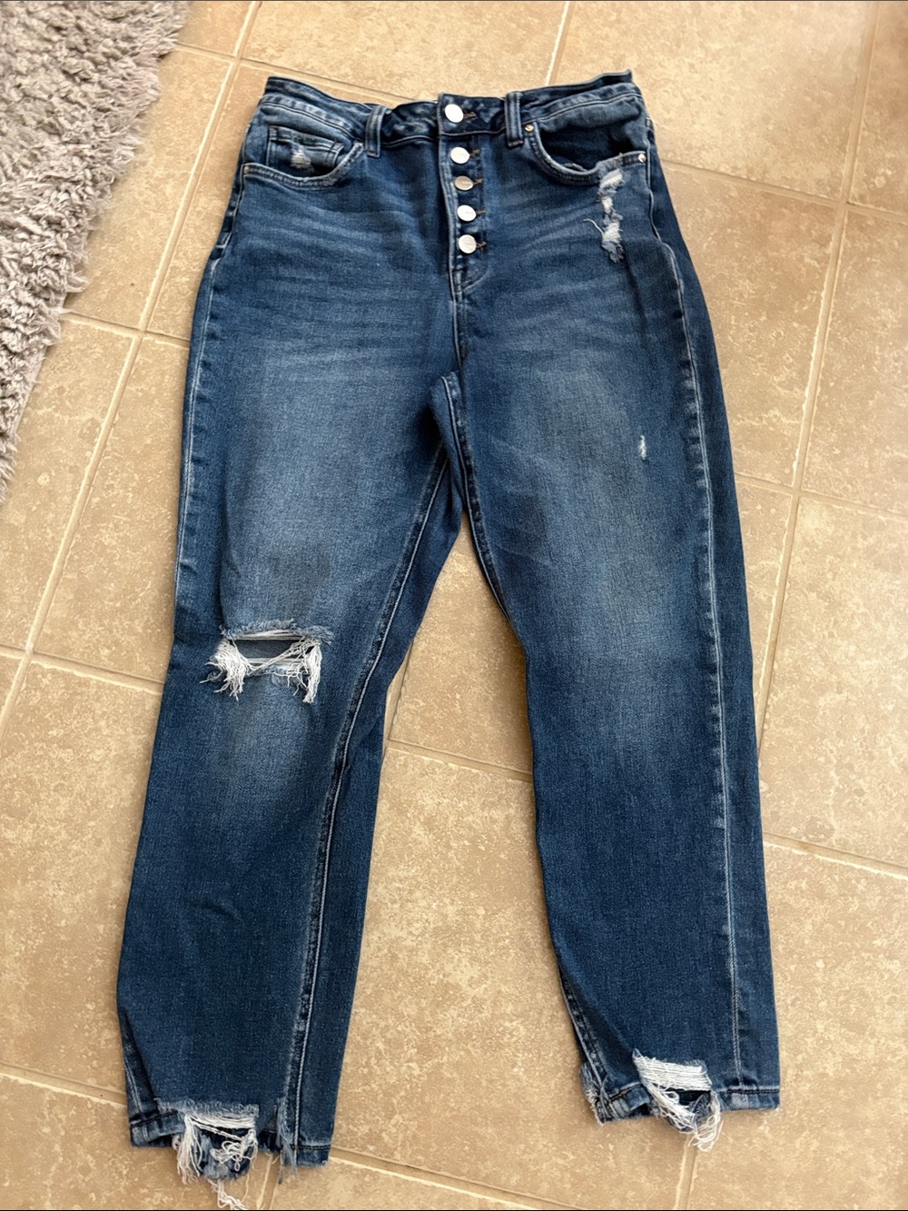 High-Rise Distressed Boyfriend Jeans — Dark Blue